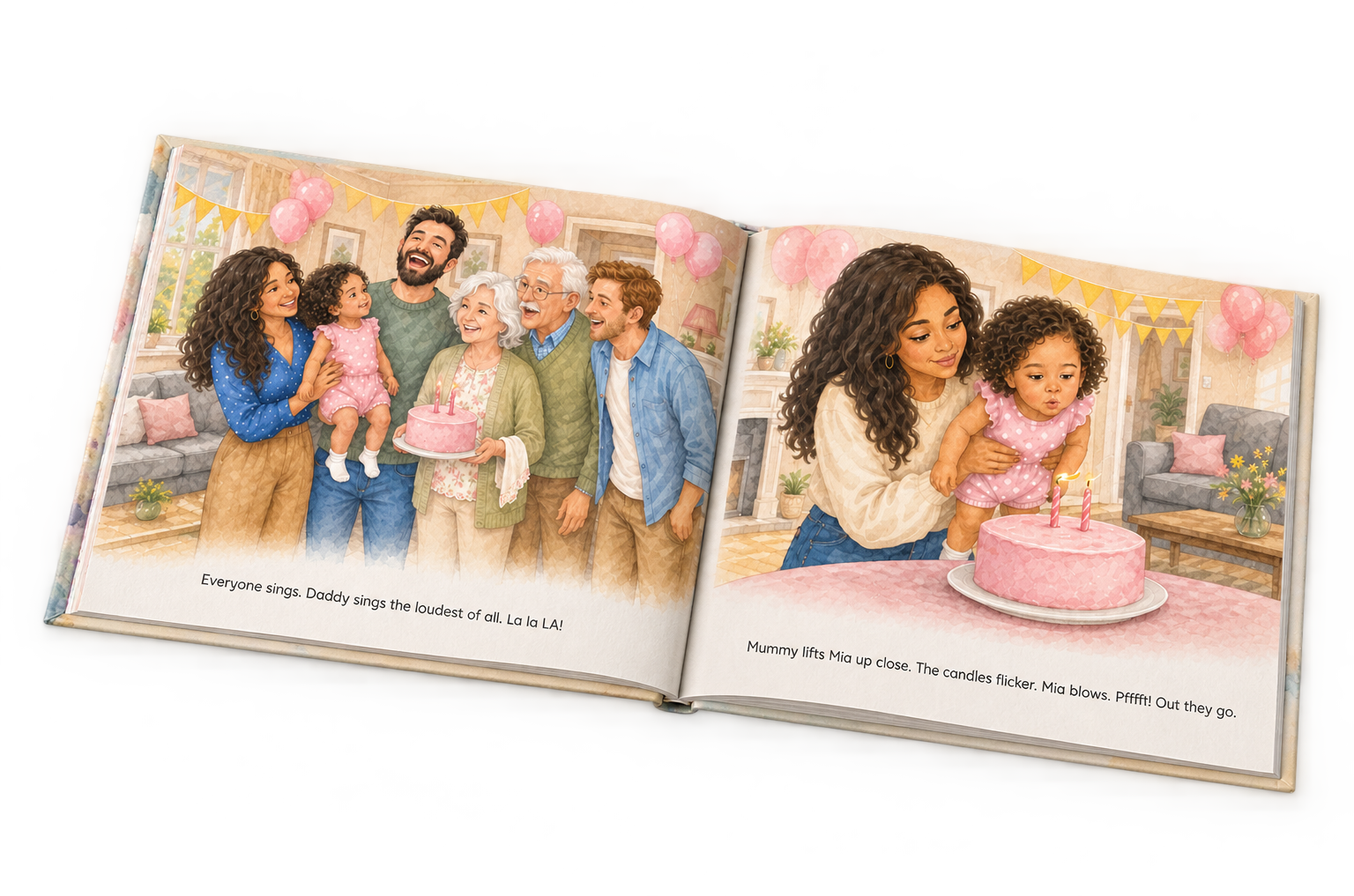 An open KinTales hardback showing Mia's family singing around her birthday cake